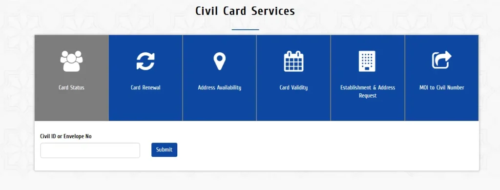 Civil Card Services section on the PACI website where Card Renewal is listed