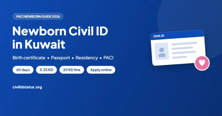 Newborn Civil ID in Kuwait guide covering the birth certificate, passport, residency, 60-day deadline and 5.25 KD fee