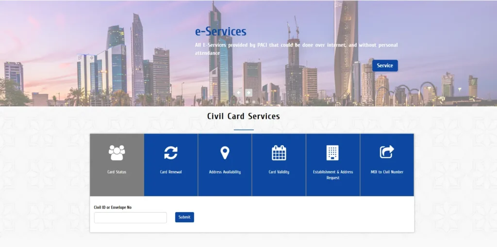 Open the official PACI services website to start a Civil ID fine check