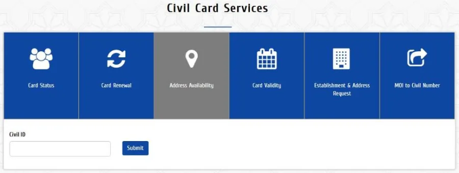 PACI Civil Card Services with the Address Availability tab selected and the Civil ID field