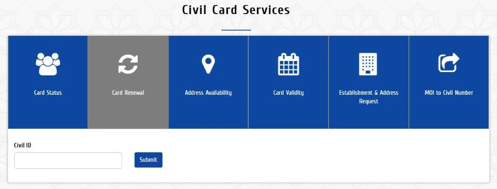 PACI Civil Card Services with the Card Renewal tab selected, asking for the Civil ID number to renew the card online