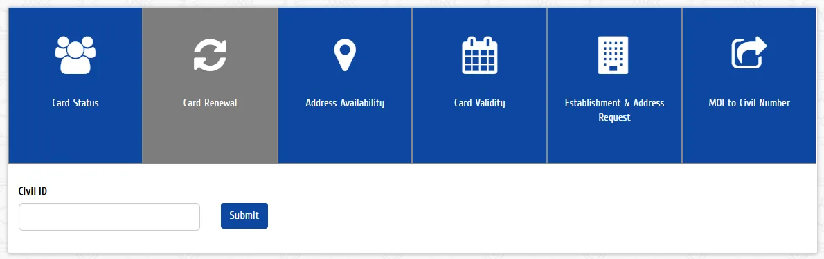 Card Renewal service selected on the PACI website with the Civil ID field