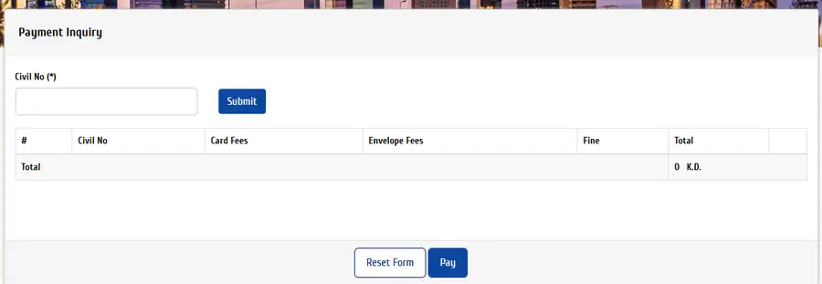 PACI Payment Inquiry page showing Civil No, Card Fees, Envelope Fees, Fine and Total columns