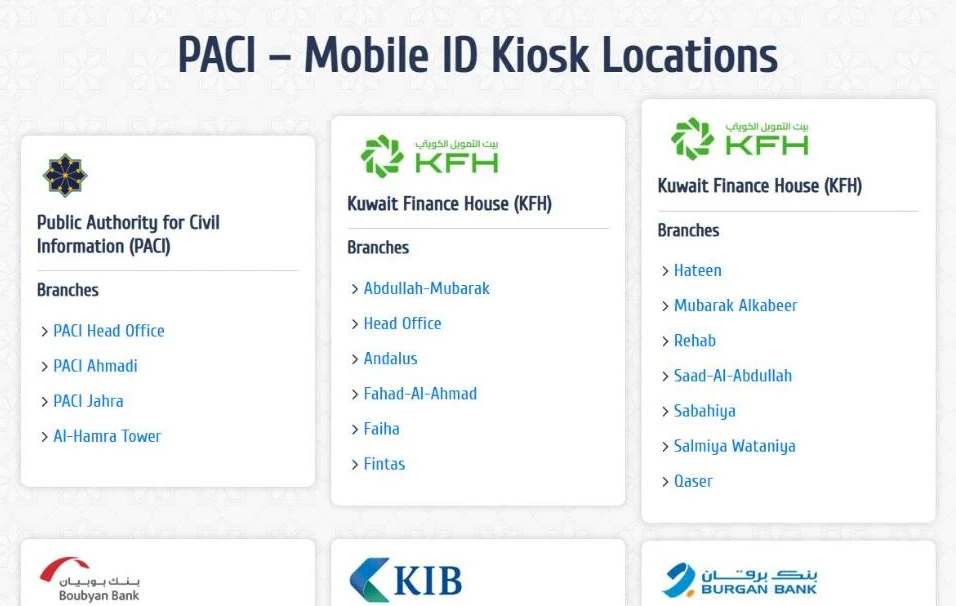 Official PACI Mobile ID kiosk locations page listing PACI Head Office, PACI Ahmadi, PACI Jahra, Al-Hamra Tower and bank branches where the e-signature can be activated