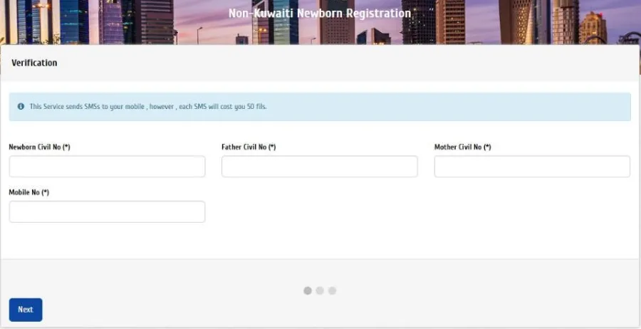 PACI Non-Kuwaiti Newborn Registration form asking for the newborn, father and mother Civil numbers and a mobile number